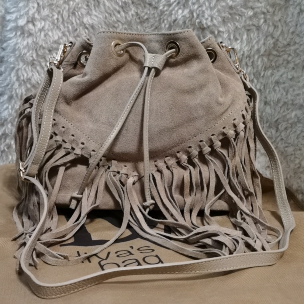 NWT Diva's Bag Leather Fringed Bucket Crossbody Bag Made in Italy